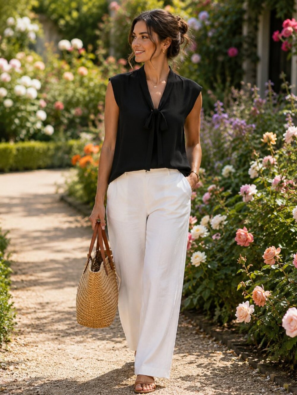Elegant cap sleeves blouse with self-tie bow. Black. Size Small.